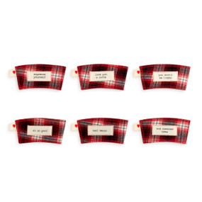 Set of six red and black plaid coffee cozies with different sayings on them such as "espresso yourself".
