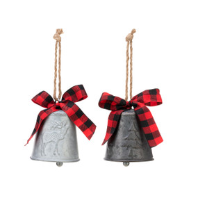 Set of 2 metal bells with red and black plaid ribbons at the top. One bell has a reindeer and the other a tree.