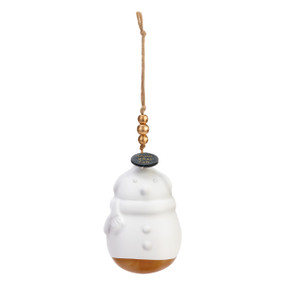 A white snowman shaped ornament with gold beads at the top and a rim of gold at the bottom. The ornament is a diffuser.