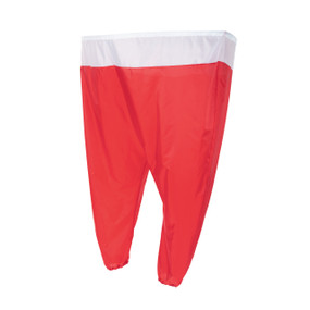 A large pair of red and white Santa pants with a hoop waist used to catch balls for a holiday game.