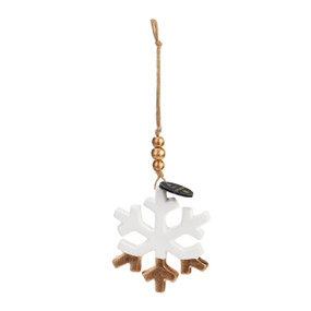 A white snowflake shaped ornament with gold beads at the top and a rim of gold at the bottom. The ornament is a diffuser.