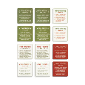 Set of 12 red, white and green party coasters that have questions for "Two Truths and a Lie" on them.