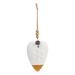 A white heart shaped ornament with gold beads at the top and a rim of gold at the bottom. The ornament is a diffuser.