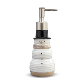White snowman shaped soap dispenser with a silver metal top and textured tan base.