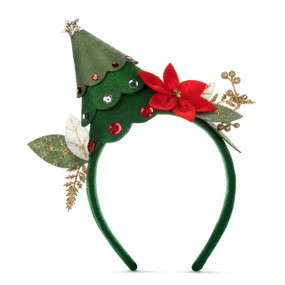 Green headband with a green Christmas tree on top embellished with holiday floral.