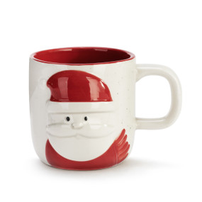 Cream ceramic handled mug with a raised image of Santa in a red scarf. The inside of the mug is red.