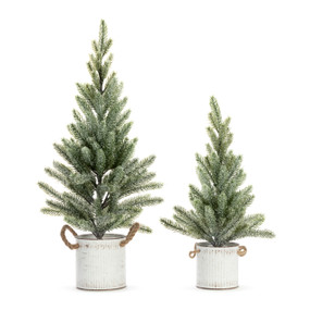 Set of two artificial trees in white weathered metal containers with rope handles.