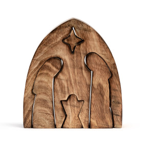 A nested stained wood nativity with four pieces that can be removed.