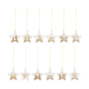 Set of twelve star shaped ornaments each with a different image that is telling the story of the nativity.