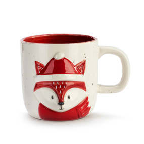 Cream ceramic handled mug with a raised image of a fox in a red scarf and Santa hat. The inside of the mug is red.