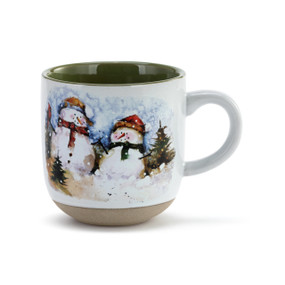 White ceramic mug with a textured base and green interior. The mug has a watercolor image of snowmen.