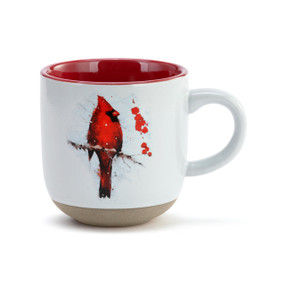 White ceramic mug with a textured base and red interior. The mug has a watercolor image of a cardinal on a branch.