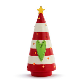 A red and white striped stoneware figure shaped like a tree with a green heart on the front and a yellow star on top. There are holes in the tree to allow light to shine through.