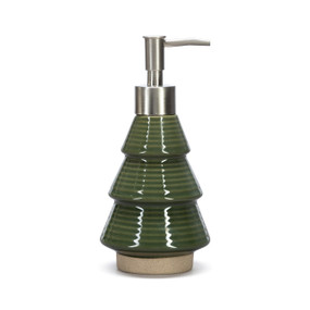 Green tree shaped stoneware soap dispenser with a silver metal top and a textured tan base.