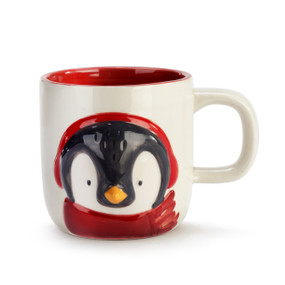 Cream ceramic handled mug with a raised image of a penguin in a red scarf. The inside of the mug is red.