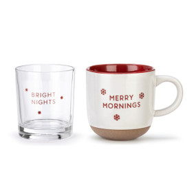 A white mug that says "Merry Mornings" that has a textured base and red interior next to a stemless clear rocks glass that says "Bright Nights".