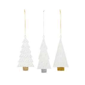 Set of three white ceramic tree ornaments with different patterns on each. The base of each is in either gold or silver metallic.