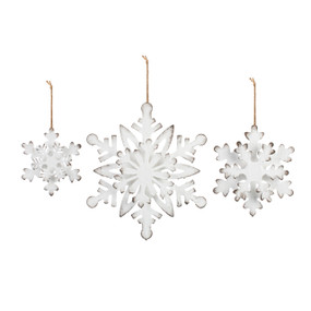 Set of 3 white distressed metal snowflake ornaments. Each is a slightly different design and size.