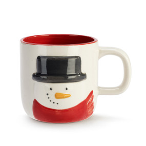 Cream ceramic handled mug with a raised image of a snowman in a red scarf and top hat. The inside of the mug is red.