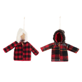 Set of two mini red and black plaid coat ornaments with hoods.