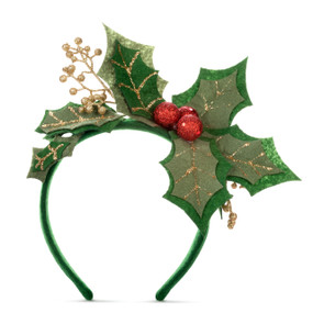 Green headband with green holly leaves, red berries and gold stems on top.