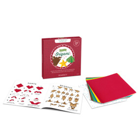 A holiday origami kit with different colored folding paper and an instruction guide to making different holiday characters.