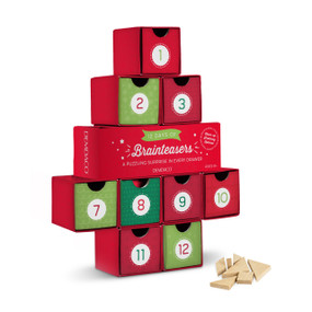 A stack of red and green paper boxes labeled with numbers 1-12, each containing a different brainteaser game.