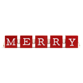 Red wood blocks that spell out "Merry" linked together with rope and white balls between each letter.