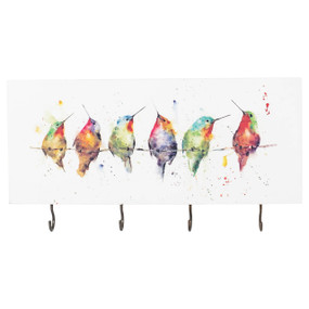 A rectangular white wood board with a watercolor image of hummingbirds. The board has four metal hooks at the bottom for key holders.