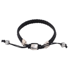 A men's black leather braided bracelet with silver beads at the ends.