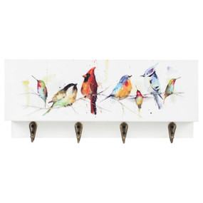 A rectangular white wood box with a watercolor image of songbirds on it. There are four metal hooks at the bottom for hanging keys.