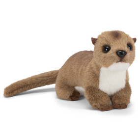 A brown plush otter with a white belly and long tail.