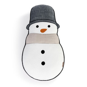 A snowman shaped pillow with a dark gray hat and light scarf.