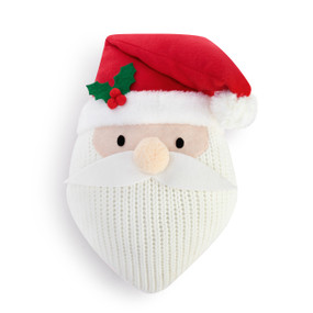 A white knit and felt pillow shaped like Santa's face with a red Santa hat.