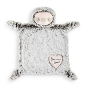 A gray plush blankie with a light pink and gray sloth face. The blankie has a heart shaped light pink fabric patch that reads "You are so Loved".