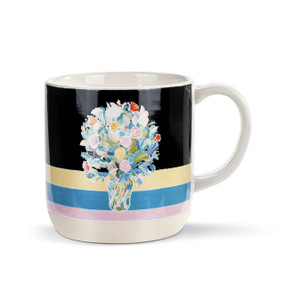 A white ceramic mug with artwork created by ArtLifting artist Alicia Sterling Beach of a vase full of flowers on a striped background.
