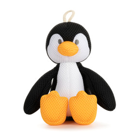 A black and white plush bathtime penguin with an orange beak and feet. The penguin has a hanger at the top.