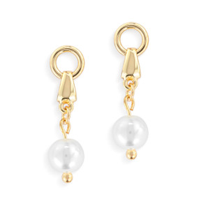 A pair of gold drop earrings with a white bead at the end.