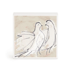 A small white box artwork of two white birds on a tan background.