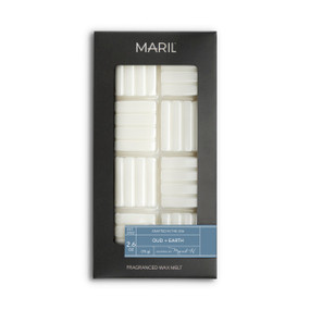 A set of Oud + Earth white wax melts in a dark gray packaging box.