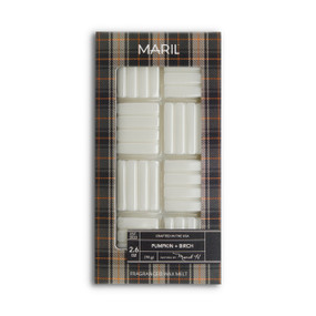 A set of Pumpkin + Birch white wax melts in a plaid packaging box.