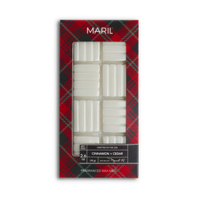 A set of Cinnamon + Cedar white wax melts in a plaid packaging box.