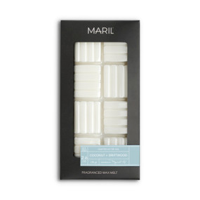 A set of Coconut + Driftwood white wax melts in a dark gray packaging box.