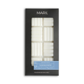 A set of Clear Blue Water white wax melts in a dark gray packaging box.
