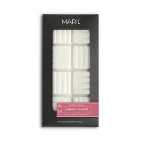 A set of Currant + Oakmoss white wax melts in a dark gray packaging box.