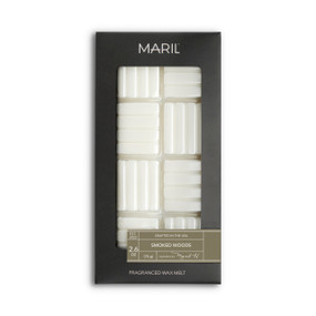 A set of Smoked Woods white wax melts in a dark gray packaging box.