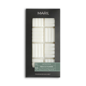 A set of Fresh Cut Flowers white wax melts in a dark gray packaging box.
