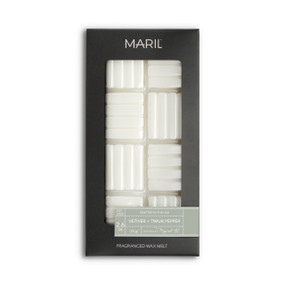 A set of Vetiver + Timur Pepper white wax melts in a dark gray packaging box.