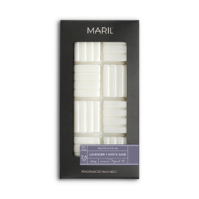 A set of Lavender + White Sage white wax melts in a dark gray packaging box.