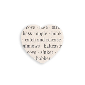 A set of four heart shaped white ceramic coasters with words about fishing on it.
